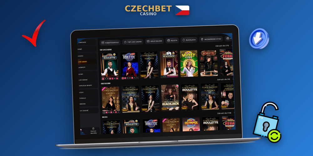Czechbet Casino na počítači – lobby s dlaždicemi her a bočním menu na monitoru