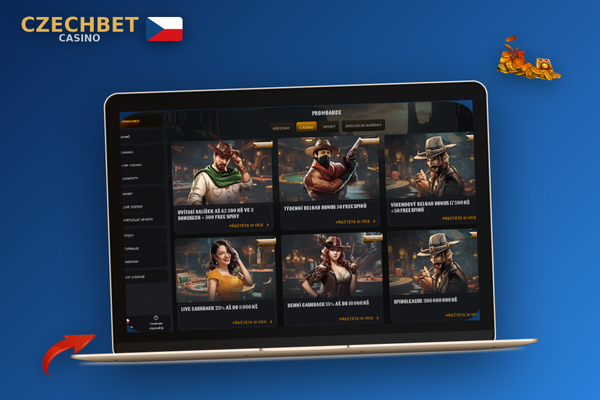 Sekce promo akcí Czechbet Casino s aktivním voucherem CZBET100 a odpočtem platnosti bonusu