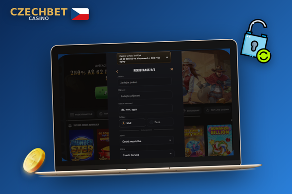 Přehledný registrační formulář Czechbet Casino s polem pro e-mail a měnu CZK